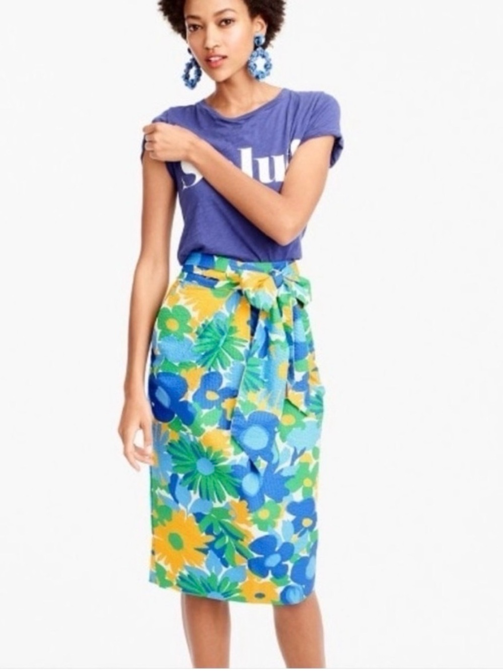 J.Crew Morning Floral Tie Waist Puckered Midi Pencil Skirt Green Blue Yellow